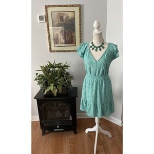 LC Lauren Conrad Small Valez Aqua FLORAL FRINGE RUFFLE TIE BACK V-NECK DRESS